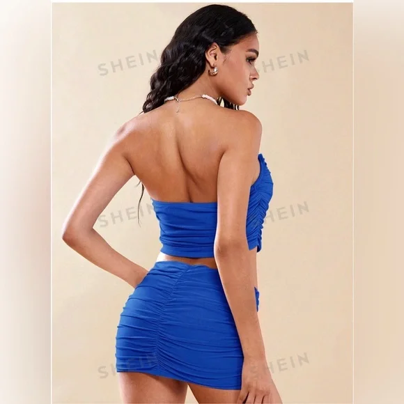 SHEIN ruched mesh tube top and bodycon skirt** set in royal blue size small - Picture 3 of 4
